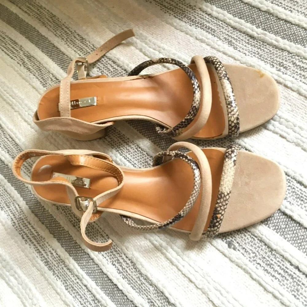 Beige Suede Block Heel Sandals with Snakeskin Straps